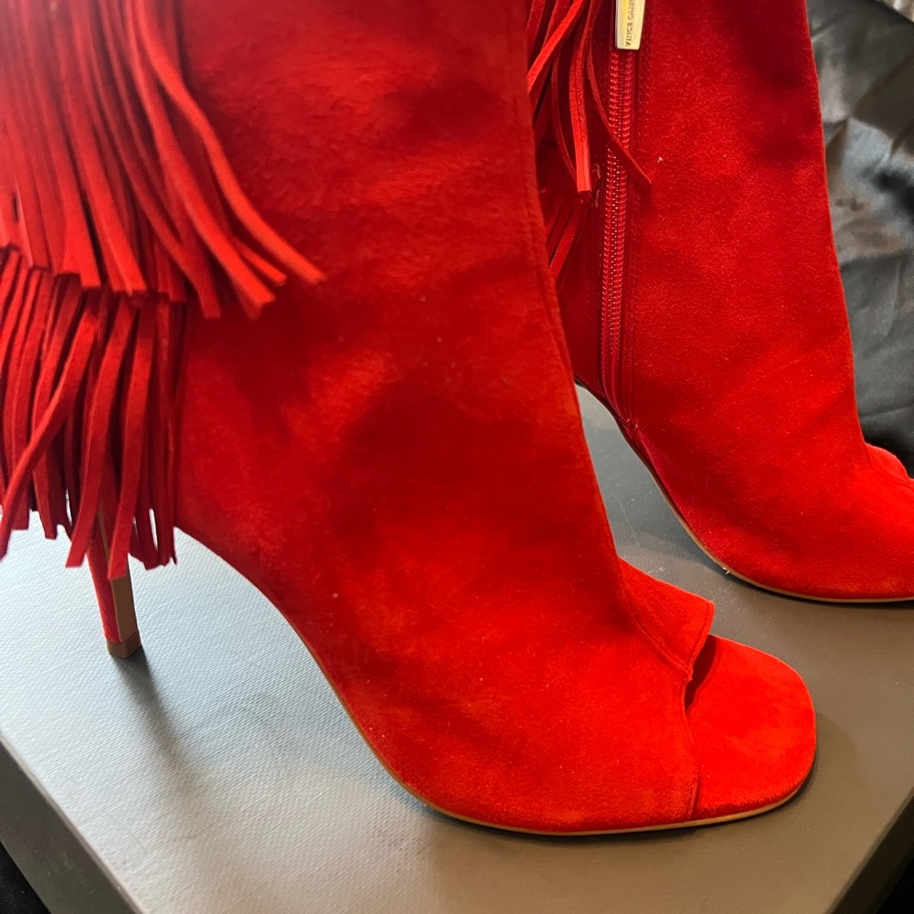 Vince Camuto Red Suede Fringe Heeled Boots